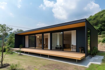 Modern Black and Wood Home with Glass Doors and Deck