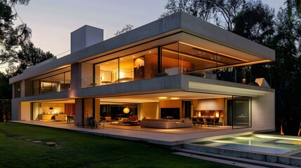 Obraz premium Modern Minimalist Concrete House with Pool and Garden