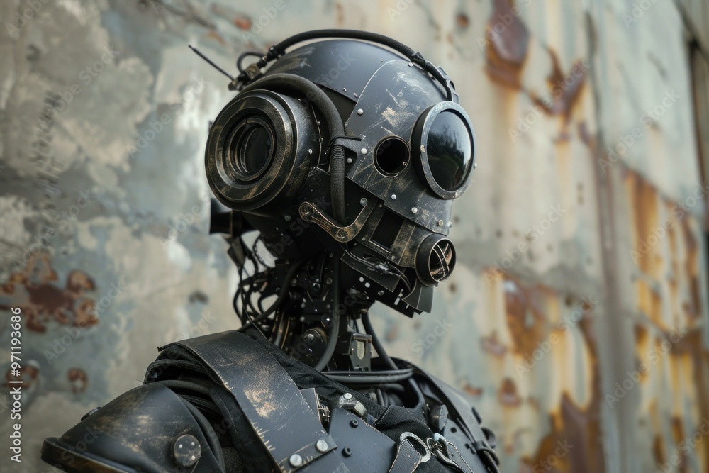 Poster steampunk robot is posing in front of a grunge background