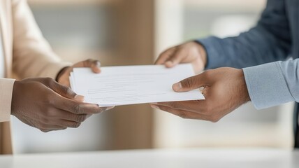 Two people passing a contract across a negotiation table, document exchange, formal business agreement