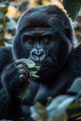 Obraz premium Powerful western gorilla enjoying a green meal