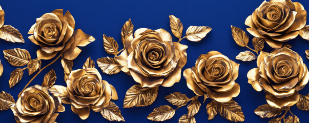 Ornate golden roses with a metallic sheen arranged on a deep royal blue background, their sophisticated details reflecting luxury and elegance.