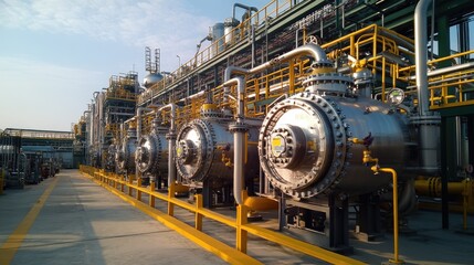 Industrial heat exchangers at petrochemical plant on a sunny day