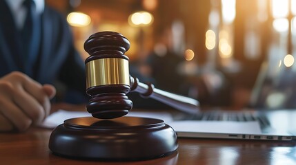 A close-up of a judge's gavel on a desk next to a laptop, symbolizing legal decisions, courtroom processes, and justice in a modern setting.