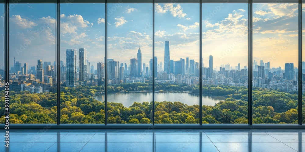 Poster modern empty office overlooking a city skyline with green trees and a lake