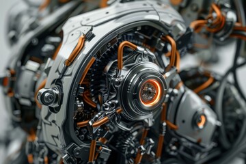 Futuristic machine with copper wires is operating with glowing parts