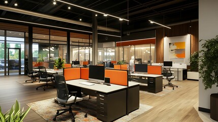 A contemporary open office layout with orange dividers, ergonomic chairs, and computers, offering a clean and collaborative work environment.