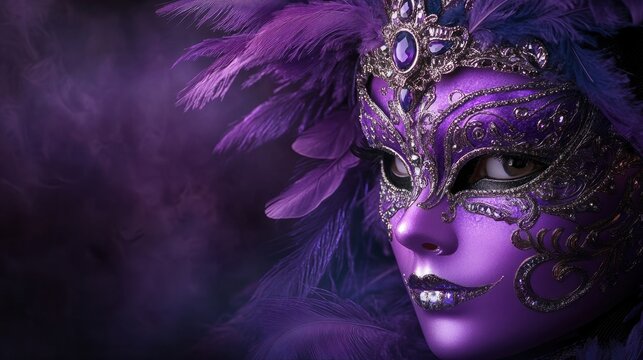 A purple carnival mask with intricate detailing, feathers, and gems, set against a dark, dramatic background