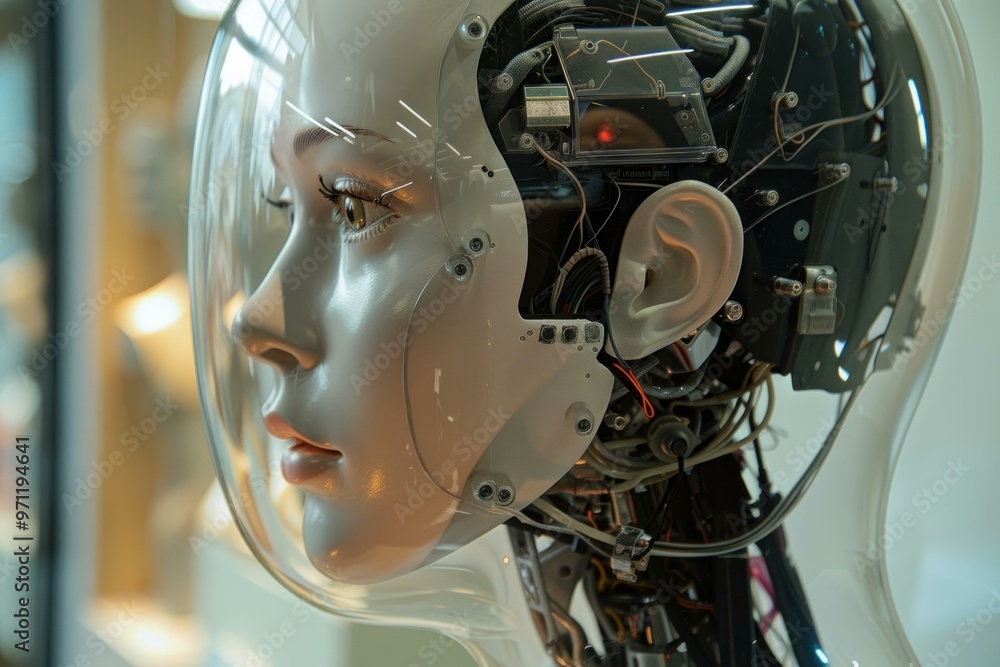 Aufkleber transparent robotic head with exposed circuitry showing advanced ai technology