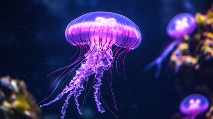 A purple jellyfish gracefully floating in a dark aquarium tank, with its tentacles trailing behind and glowing softly