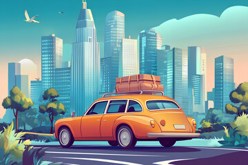 A vibrant orange car with luggage parked on a road, overlooking a modern city skyline.