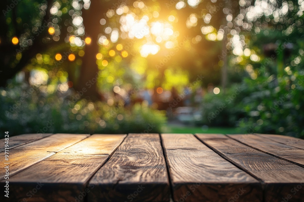 Poster empty wooden table showing outdoor restaurant in the background with string lights