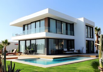 Modern Luxury Villa with Swimming Pool and Green Lawn