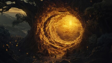 Cross-section of an ancient tree, with a glowing AI core inside, nature meeting technology, dark fantasy, warm gold and brown hues.