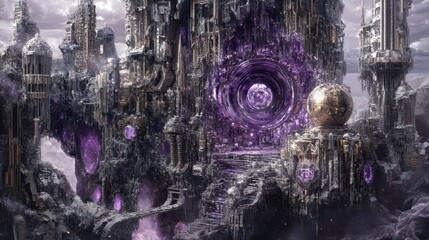 Organic crystal cross-section, filled with futuristic machinery, steampunk design, metallic textures, deep purples and silvers.