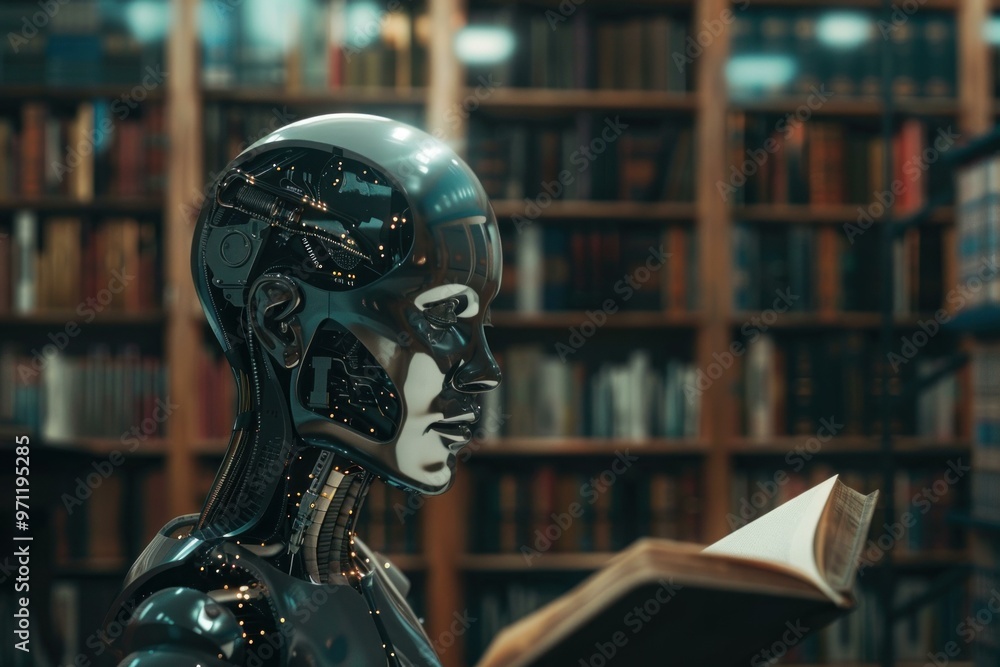 Aufkleber artificial intelligence robot reading book in library gathering data