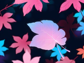 abstract painted autumn leaf pink and blue neon colors on dark background