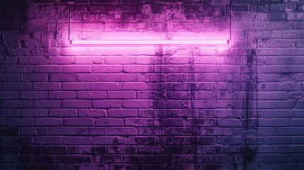 Obraz premium A purple neon sign glowing against a brick wall, casting a soft purple hue over the surrounding area