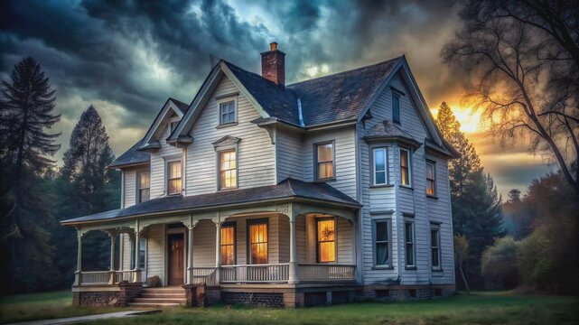 Wooden Two-Story Haunted House with Porch and Glowing Windows in Dark Stormy Night