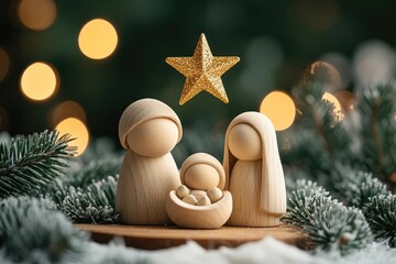 Wooden holy family figurines resting under a christmas star