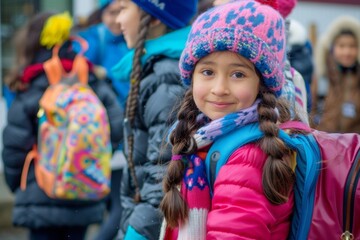 Fototapeta premium A girl in a multi-colored hat stands against the background of other children