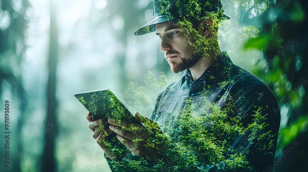 Poster engineer integrating digital technology with nature in futuristic landscape