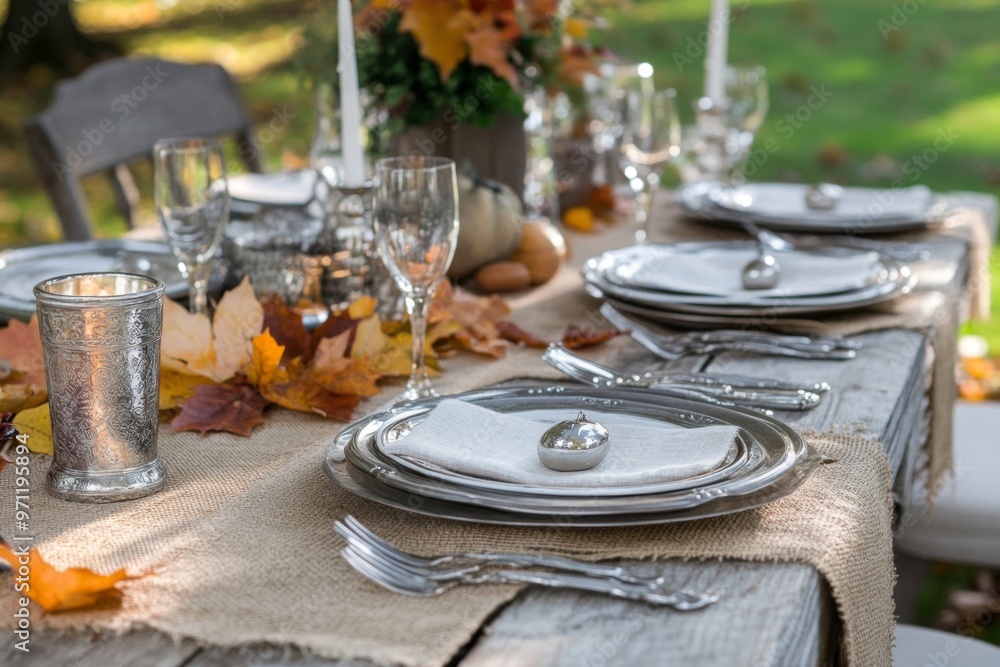 Poster Silverware and Fall Leaves on a Rustic Table Setting