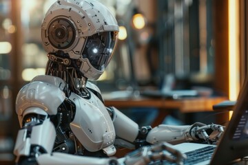 Fototapeta premium Sophisticated robot sitting at desk and working on laptop in modern office