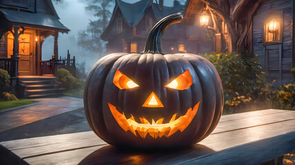 Fototapeta premium Halloween pumpkin head jack o lantern on wooden table in front of wooden house