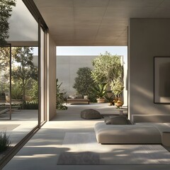 Fototapeta premium Modern Minimalist Interior Design With Garden View