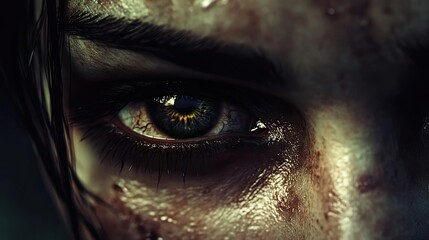Close-up shot of an intense, captivating eye with a dramatic, moody atmosphere, showcasing raw emotion and intriguing detail.