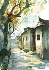 Fototapeta premium Watercolor Painting of a Man Walking Through an Alley in China