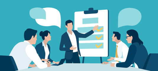 Presentation, education, learning. Checklist. Business illustration. The business team listens to the male teacher.
