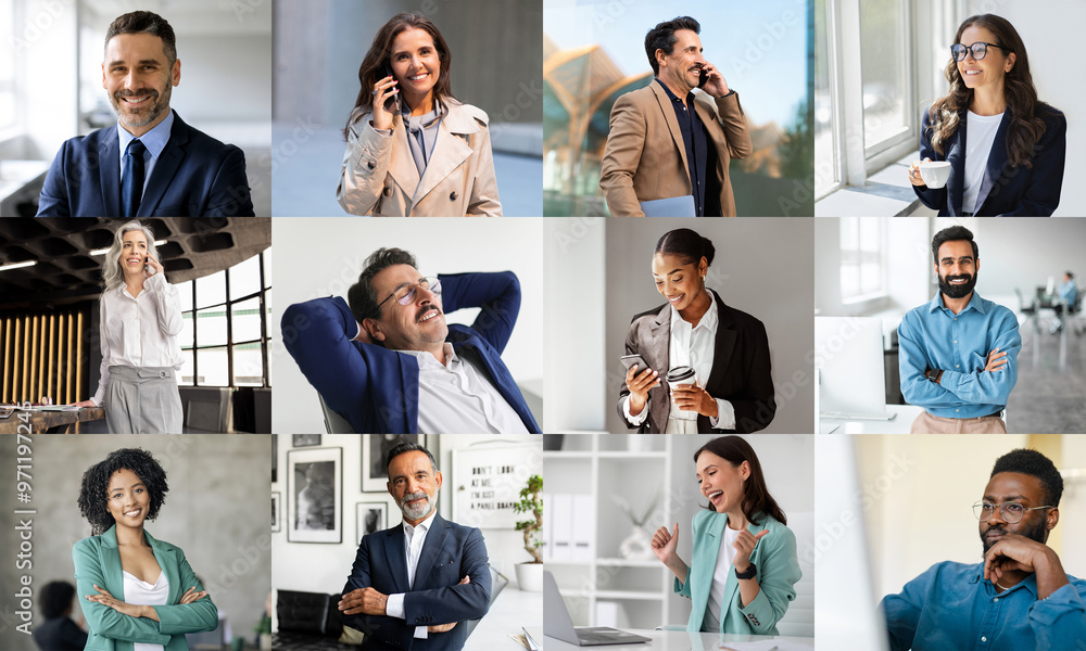 Poster a diverse group of professionals is captured engaging in various activities within a modern office s