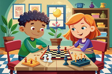 Fototapeta premium Two children playing chess. They are sitting at a table with a chessboard.