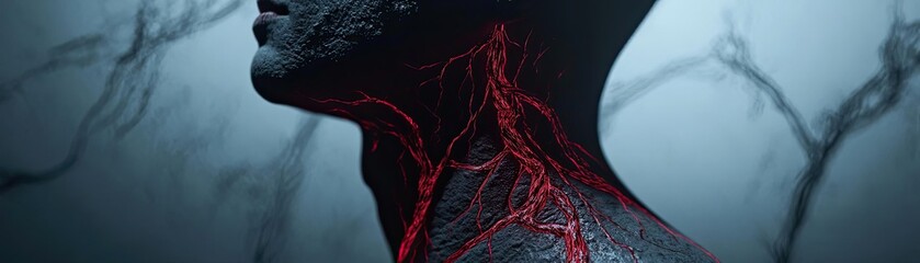 A close-up view of a person's neck featuring intricate red veins against a moody, dark background, evoking a sense of mystery.