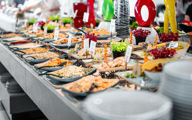 A variety of salads and meats. All-inclusive concept.