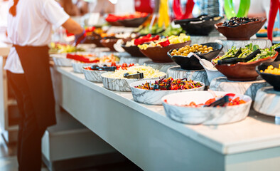 Chopped vegetables and vegetable salads. All-inclusive concept.