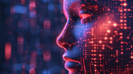 A futuristic digital face composed of glowing data patterns in a vibrant blue and red color scheme at the heart of technology. Generative AI