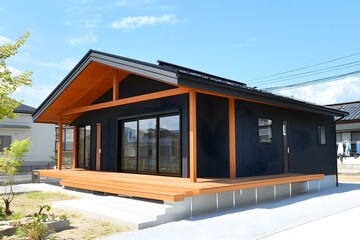 Fototapeta premium Modern Black Wooden House with Wooden Deck and A-Frame Roof