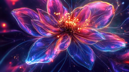 Cross-section of a biotechnological flower, with neon-lit petals and cyber veins, soft focus, vibrant neon colors, digital watercolor.