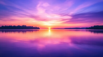 Fototapeta premium A sunset sky turning shades of purple, pink, and orange over a calm lake, with soft reflections on the water