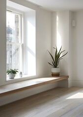 Fototapeta premium Minimalist Interior Design with Wooden Window Seat and Plant