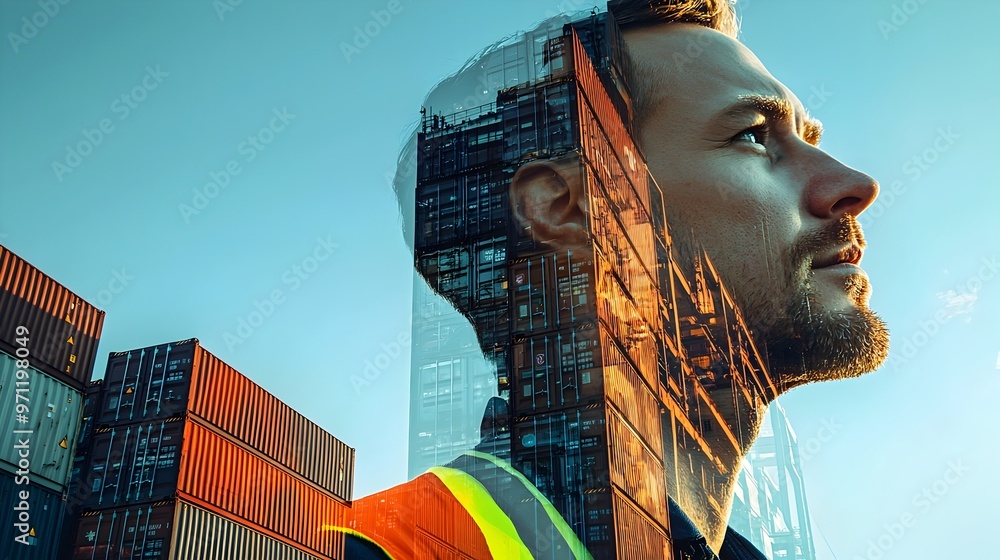 Aufkleber infrastructure development and supply chain symbolized through port engineer and shipping containers