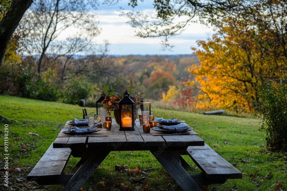 Poster rustic picnic table setting with lanterns and fall foliage view