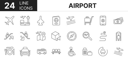 Collection of 24 airport line icons featuring editable strokes. These outline icons depict various modes of airport, aerodrome, ticket, passenger, pilot, passport, 