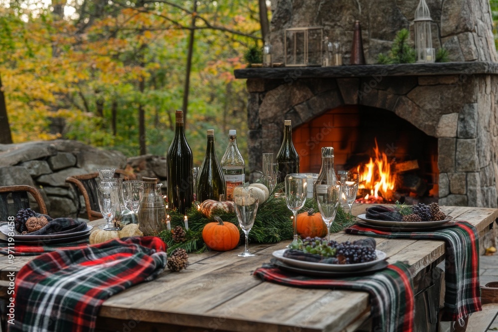Poster rustic autumnal table setting with fireplace and forest background