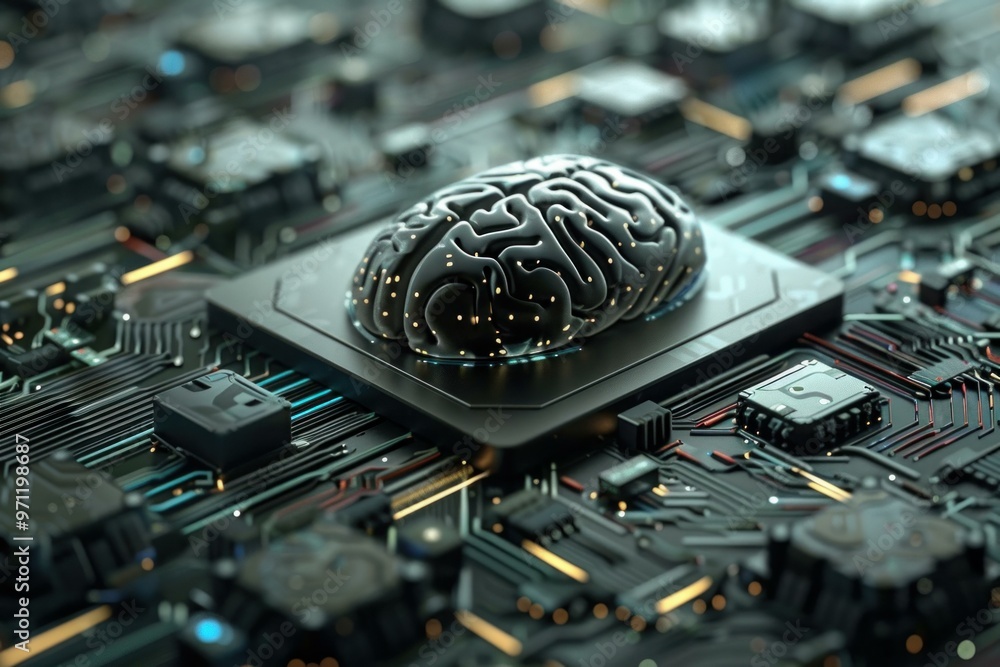 Poster 3d rendering of a brain sitting on a circuit board, symbolizing artificial intelligence