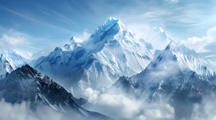 Naklejka premium Snow mountains and climbers in the clouds