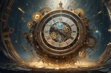 Fototapeta premium Fragments of Time: A Surreal Exploration of a Shattered Clock
